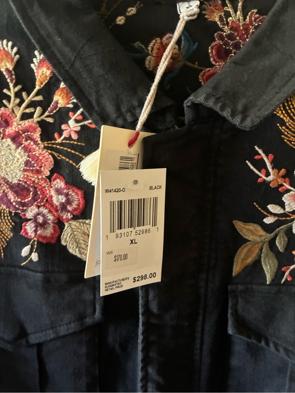 NWT JOHNNY WAS Black Denim Jacket Embroidered Floral Peacock XL - Picture 2 of 7